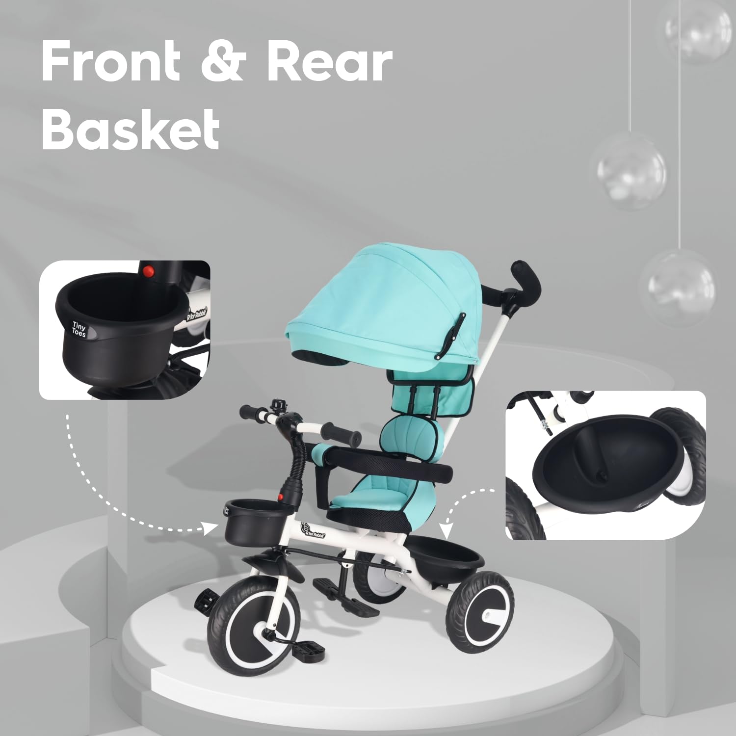 Navy blue and black kids' tricycle on a white pedestal, featuring a large sun canopy, parent handle, and front basket. www.usmile.toys
